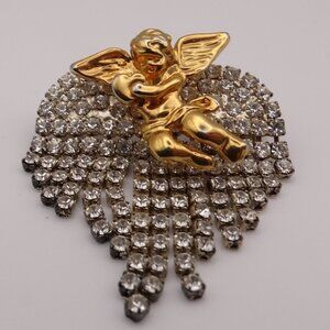 Vintage Rhinestone Dangle Heart Gold tone Cupid Brooch Angel Pin